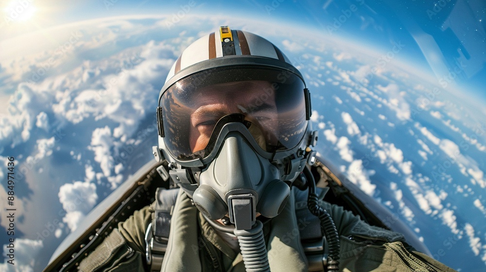 Dynamic shot of a fighter jet pilot, intense expression, oxygen mask secure, high altitude with earth's curvature visible, jet streaks in the background Dynamic shot of a fighter jet pilot, intense expression, oxygen mask secure, high altitude with earth's curvature visible, jet streaks in the background