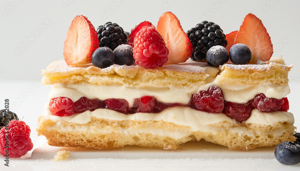 a traditional French Charlotte Russe, featuring layers of sponge cake, Bavarian cream, and fresh fruit, set against a clean white background a traditional French Charlotte Russe, featuring layers of sponge cake, Bavarian cream, and fresh fruit, set against a clean white background