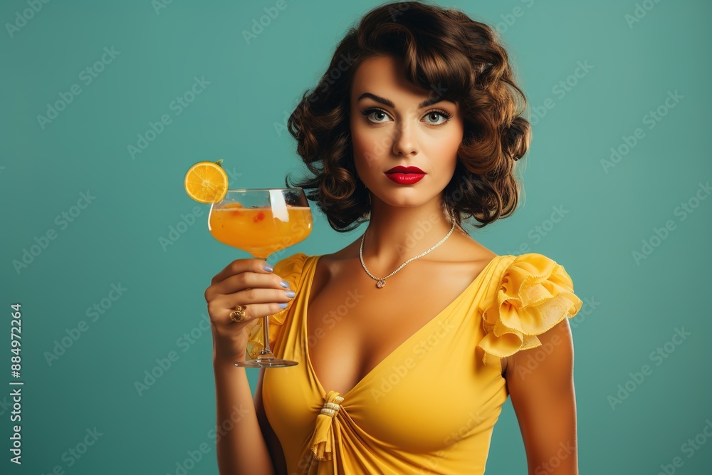 pretty caucasian woman with curly dark hair in a yellow dress holding a glass of tasty delicious cocktail on blue background pretty caucasian woman with curly dark hair in a yellow dress holding a glass of tasty delicious cocktail on blue background
