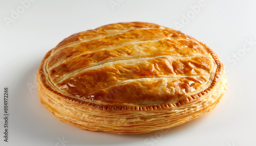 a traditional French Galette des Rois, featuring a golden, flaky puff pastry filled with almond cream, set against a clean white background