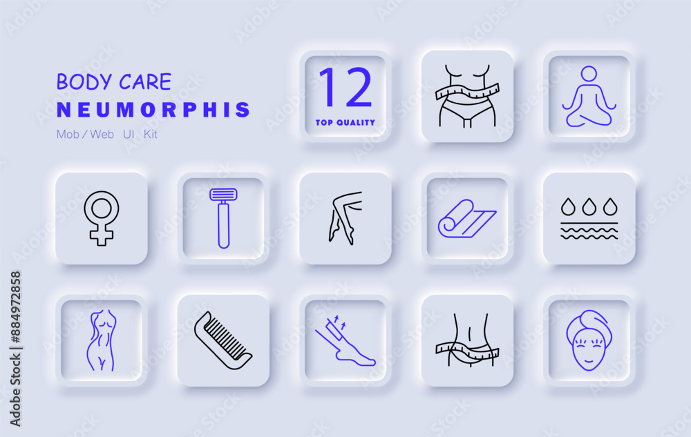 Body care set icon. Razor, tape measure, comb, shaving, towel, water, yoga, fitness, woman, skin, beauty, leg. Body care set icon. Razor, tape measure, comb, shaving, towel, water, yoga, fitness, woman, skin, beauty, leg.
