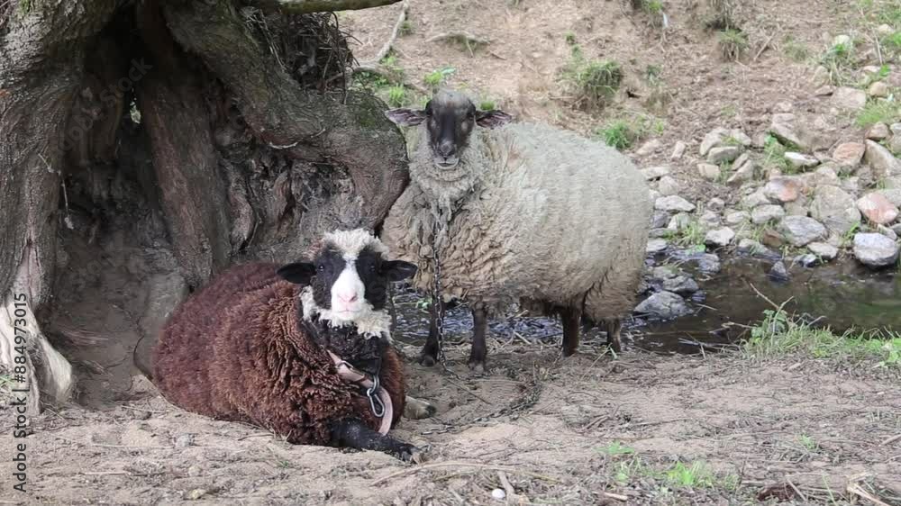 Sheep graze in a pasture near the forest.
Sheep graze in a pasture near the forest.