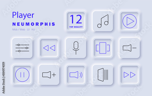 Player set icon. Music note, play, microphone, volume, pause, rewind, forward, equalizer, adjust, speaker, sound, audio.