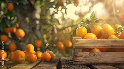 Wooden crate full of ripe oranges sitting on a wooden table in an orange grove