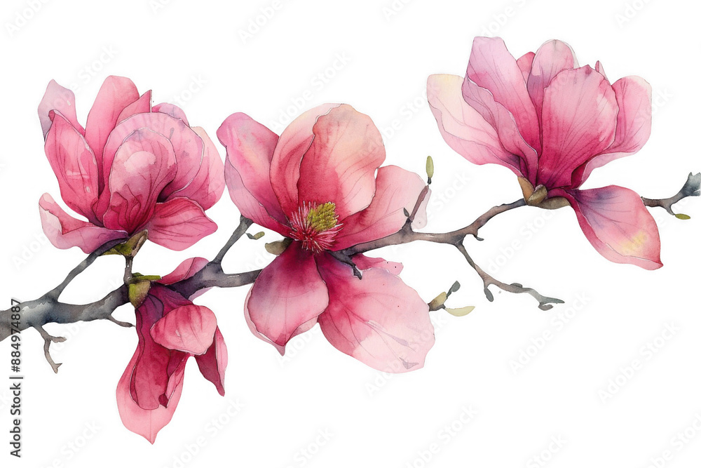 Obraz premium Beautiful watercolor magnolia flowers on a branch, detailed pink petals and green leaves for nature-themed art and decoration.