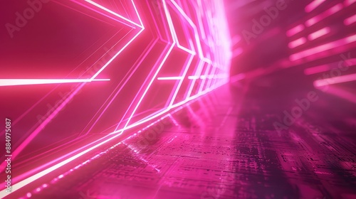 Futuristic pink neon glowing tunnel with circuit board floor photo