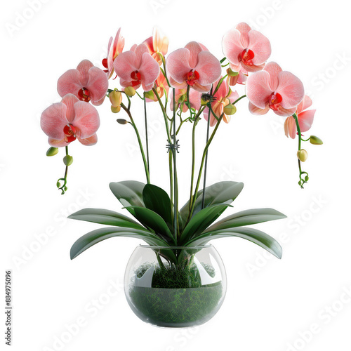Foto Elegant pink orchid in a clear glass vase with lush green leaves, perfect for home decor and indoor gardening inspiration