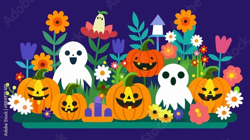 Charming Halloween Garden with Smiling Pumpkins, Friendly Ghosts, and Bright Flowers