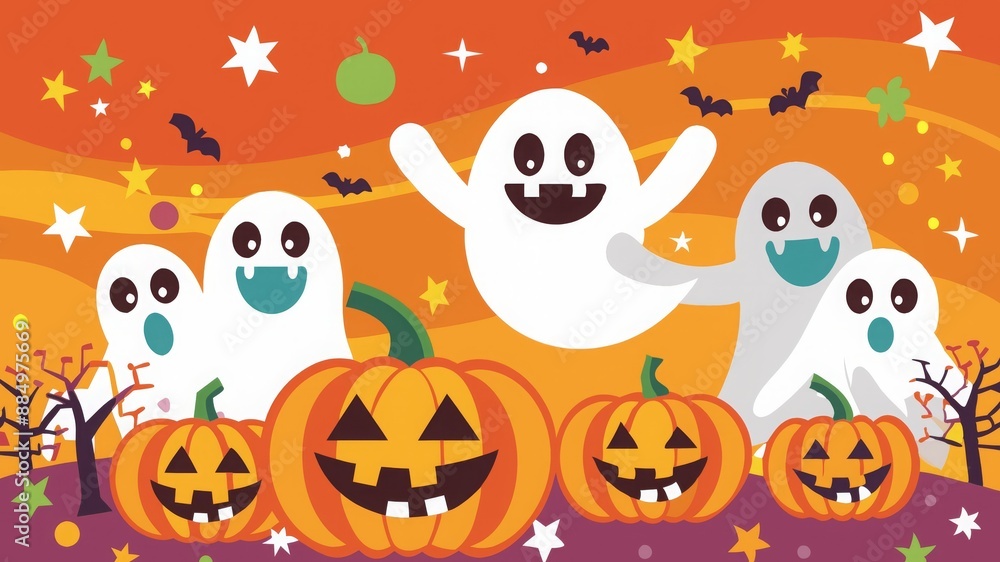 Whimsical Halloween Scene with Friendly Ghosts and Smiling Pumpkins Against a Bright Orange Background with Stars Whimsical Halloween Scene with Friendly Ghosts and Smiling Pumpkins Against a Bright Orange Background with Stars