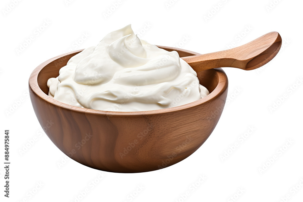 Sour cream in wooden bowl with spoon, isolated PNG with transparent background, ideal for recipes, cooking, and food photography Sour cream in wooden bowl with spoon, isolated PNG with transparent background, ideal for recipes, cooking, and food photography