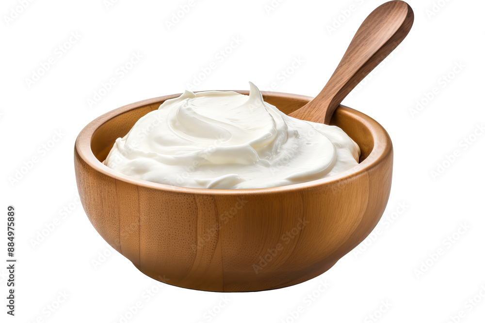 Sour cream in wooden bowl with spoon, isolated PNG with transparent background, ideal for recipes, cooking, and food photography Sour cream in wooden bowl with spoon, isolated PNG with transparent background, ideal for recipes, cooking, and food photography