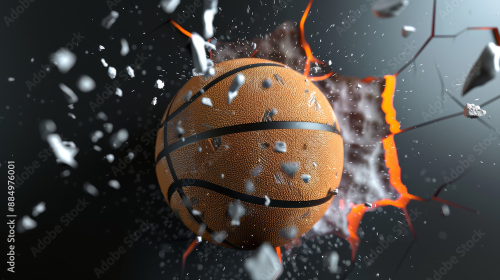 The basketball features realistic textures, with visible seams and a glossy surface that captures light. It appears to be in mid-motion, suggesting high velocity. The basketball features realistic textures, with visible seams and a glossy surface that captures light. It appears to be in mid-motion, suggesting high velocity.