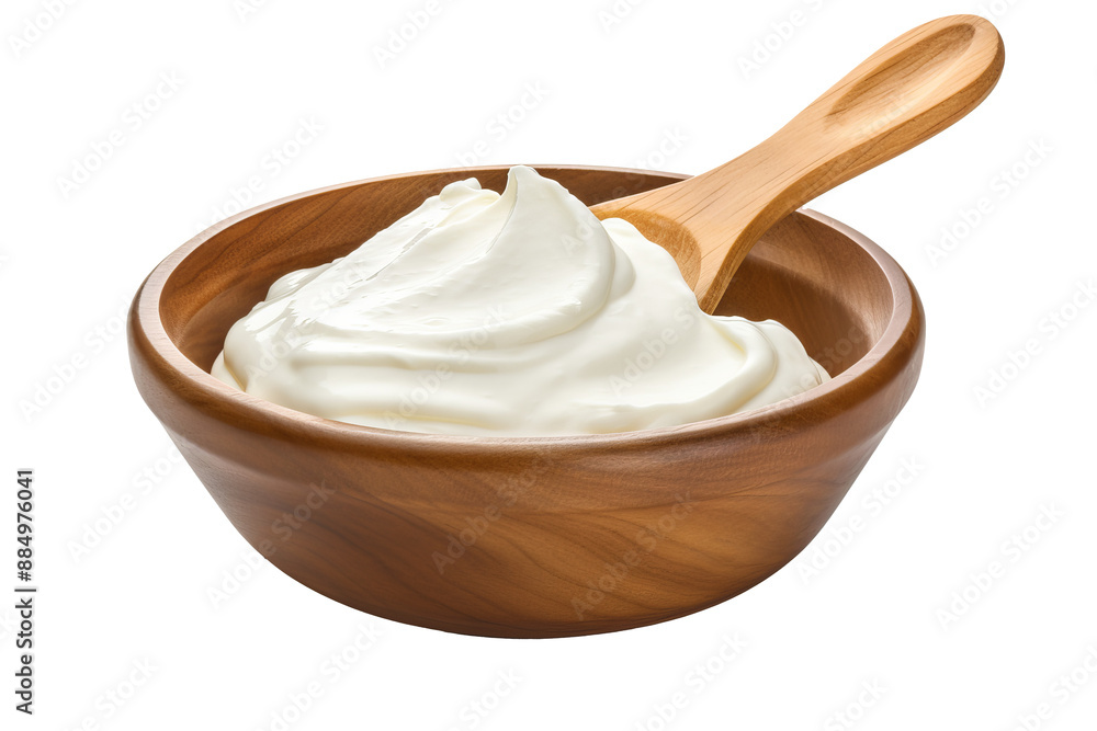 Sour cream in wooden bowl with spoon, isolated PNG with transparent background, ideal for recipes, cooking, and food photography Sour cream in wooden bowl with spoon, isolated PNG with transparent background, ideal for recipes, cooking, and food photography