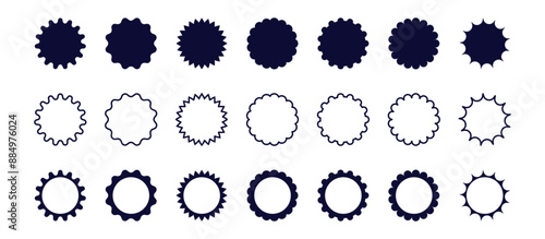 Set of scallop, zigzag, sunburst, starburst black round frame. Price tags or stickers. Circle shape. Kit of badges, stamps, labels, speech bubbles isolated on white background.