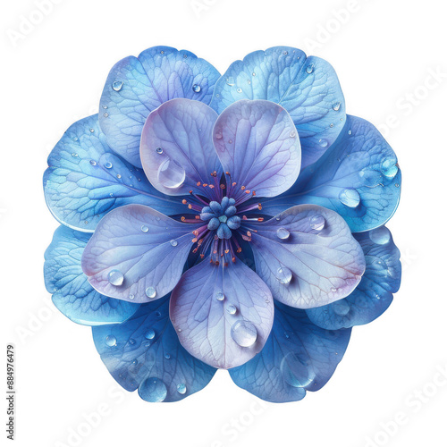 Close-up of a vibrant blue flower with water droplets on petals, showcasing nature's beauty and freshness in an intricate design.