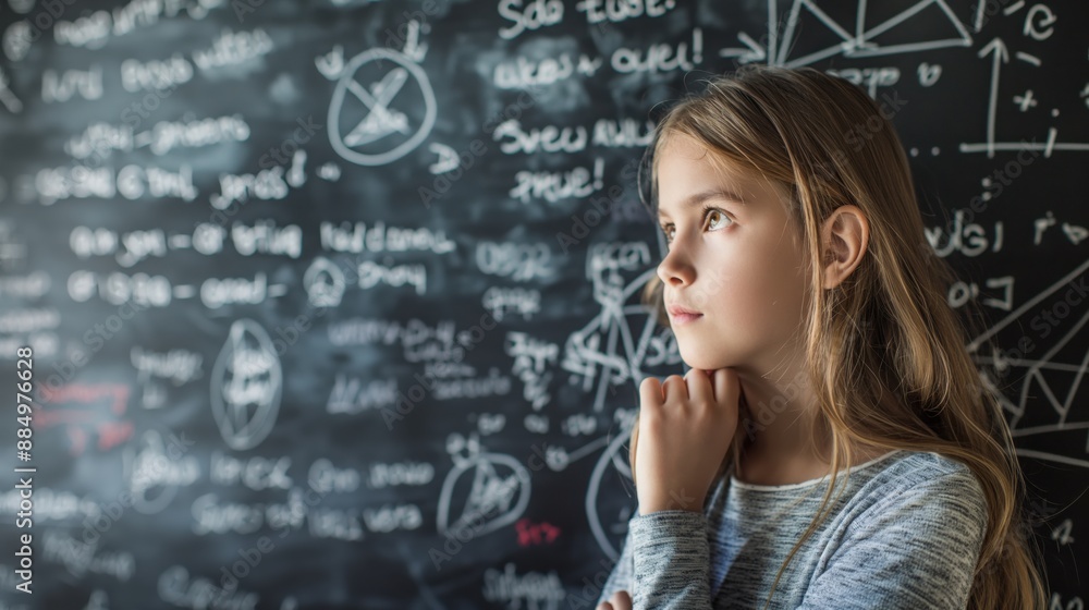 Young Student Analyzing Hand-Drawn Math Equations on Blackboard Young Student Analyzing Hand-Drawn Math Equations on Blackboard