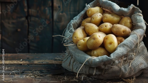 Burlap sack full of freshly harvested organic potatoes on a wooden table photo