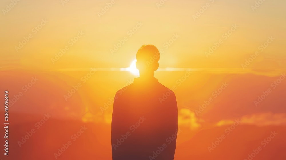 A person feeling optimistic with a sunrise behind, isolated on a white background, copy space, concept of hope and new beginnings A person feeling optimistic with a sunrise behind, isolated on a white background, copy space, concept of hope and new beginnings