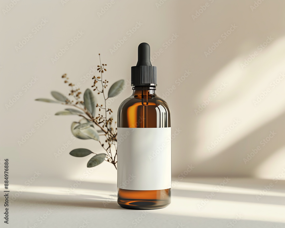 Amber glass dropper bottle with blank label and eucalyptus leaves on beige background. Natural skin care and spa concept. Amber glass dropper bottle with blank label and eucalyptus leaves on beige background. Natural skin care and spa concept.