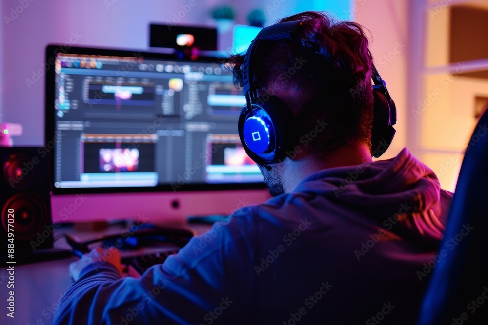A dynamic shot of a videographer deeply engrossed in editing footage on a high-end computer, showcasing expertise in content marketing, video production, and meticulous editing skills. A dynamic shot of a videographer deeply engrossed in editing footage on a high-end computer, showcasing expertise in content marketing, video production, and meticulous editing skills.