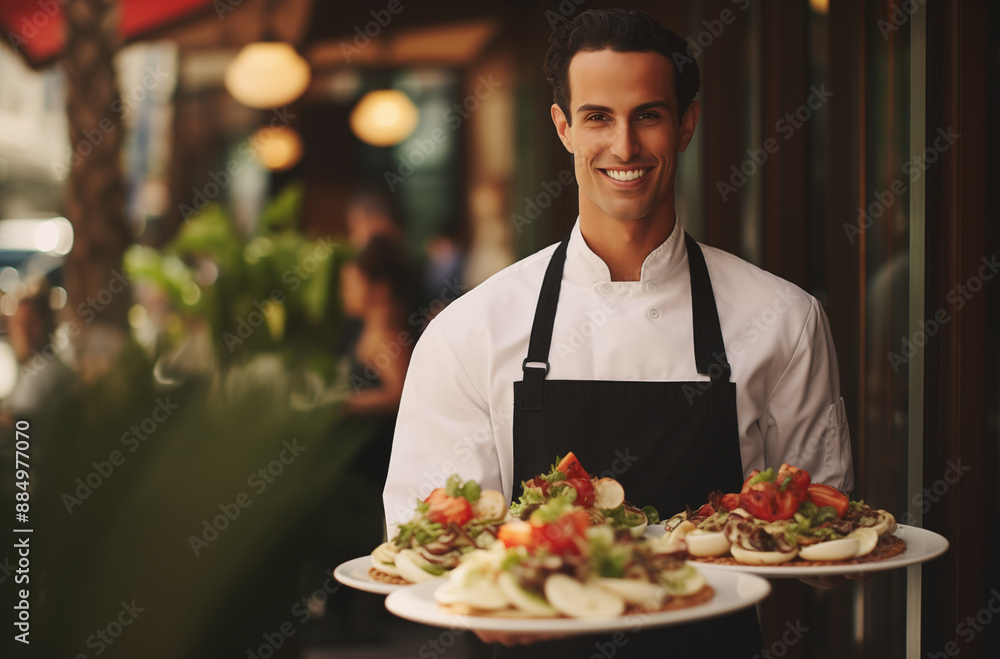 Smiling Chef Holding Plates Of Delicious Food At A Restaurant With A Friendly Expression Smiling Chef Holding Plates Of Delicious Food At A Restaurant With A Friendly Expression