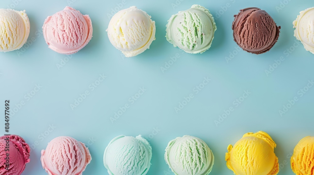 Assorted flavors of ice cream scoops on pastel blue background, top view, fun arrangement Assorted flavors of ice cream scoops on pastel blue background, top view, fun arrangement