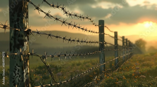 Fence with barbed wire in the evening sunlight photo