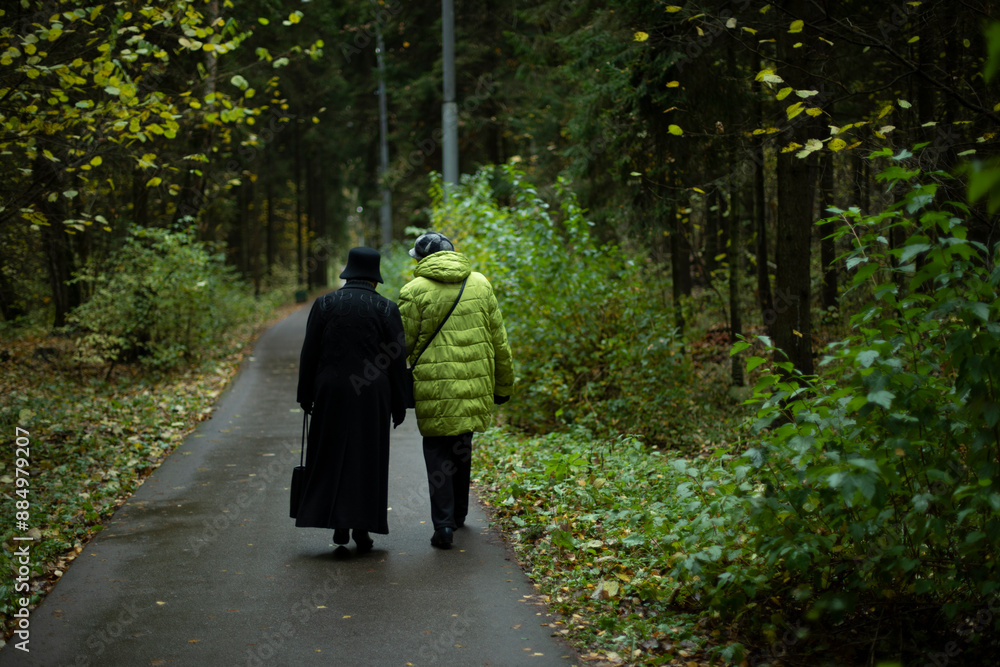 People are walking in park. Two women in park. Walk along path. People are walking in park. Two women in park. Walk along path.