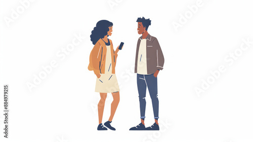 Man and woman are talking. The woman is wearing a dress and holding a phone. The man is wearing casual clothes and has his hands in his pockets. They are standing in front of a white background.