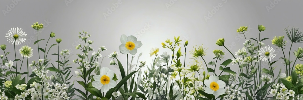 Fototapeta premium mini green flowers theme border and grey background website banner