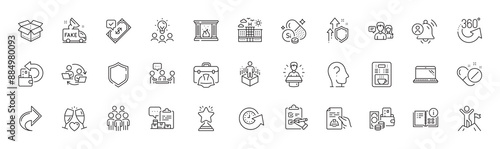 Construction toolbox, Checklist and Shield line icons. Pack of Teamwork process, Open box, Share icon. Psychology, Update time, Fake news pictogram. User notification, Winner, Silicon mineral. Vector