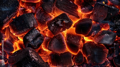 Closeup of glowing charcoal embers photo