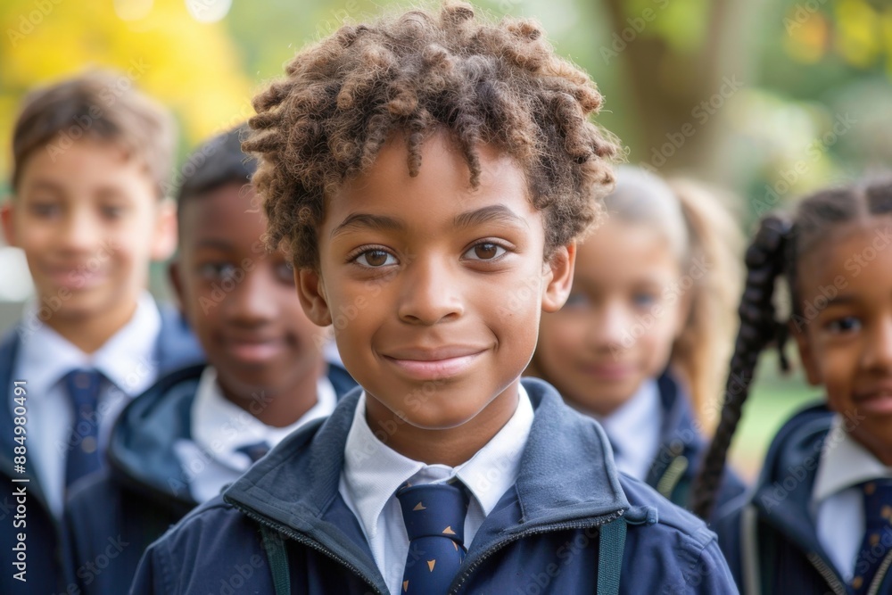 Young boy in school uniform smiling with classmates in background Young boy in school uniform smiling with classmates in background
