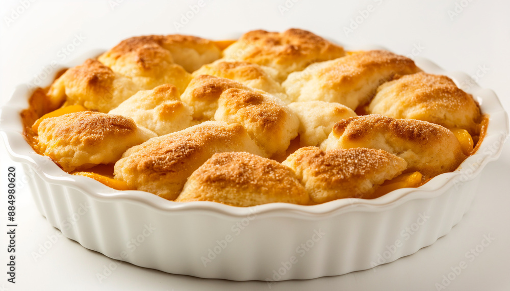 classic peach cobbler, featuring a golden, buttery biscuit topping over a layer of juicy, sweet peaches, set against a clean white background classic peach cobbler, featuring a golden, buttery biscuit topping over a layer of juicy, sweet peaches, set against a clean white background