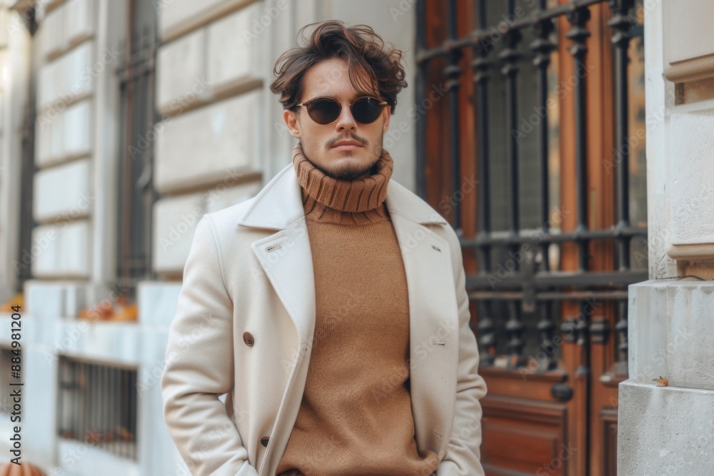 Stylish man in beige coat posing confidently on city street.