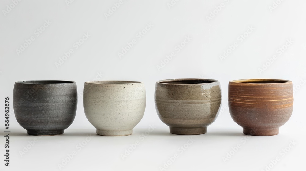 Plain ceramic pots in neutral tones on solid white background, single object Plain ceramic pots in neutral tones on solid white background, single object