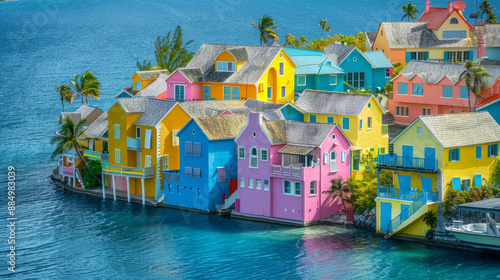 The houses along the Nassau coastline in the Bahamas are painted in vibrant colors, creating a captivating sight. photo