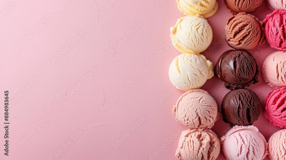 Top view of assorted scooped ice cream on pastel pink background with copy space Top view of assorted scooped ice cream on pastel pink background with copy space