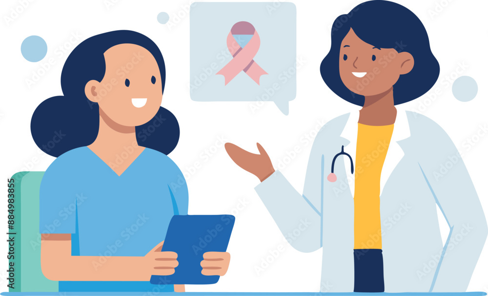 Fototapeta premium Doctors discussing breast cancer awareness information with a pink ribbon