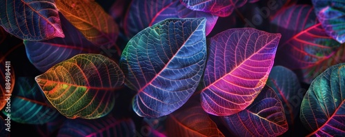 Abstract glowing colorful neon leaves on black background