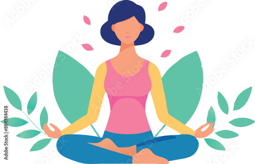 Woman practicing yoga with breast cancer awareness ribbon and plants around