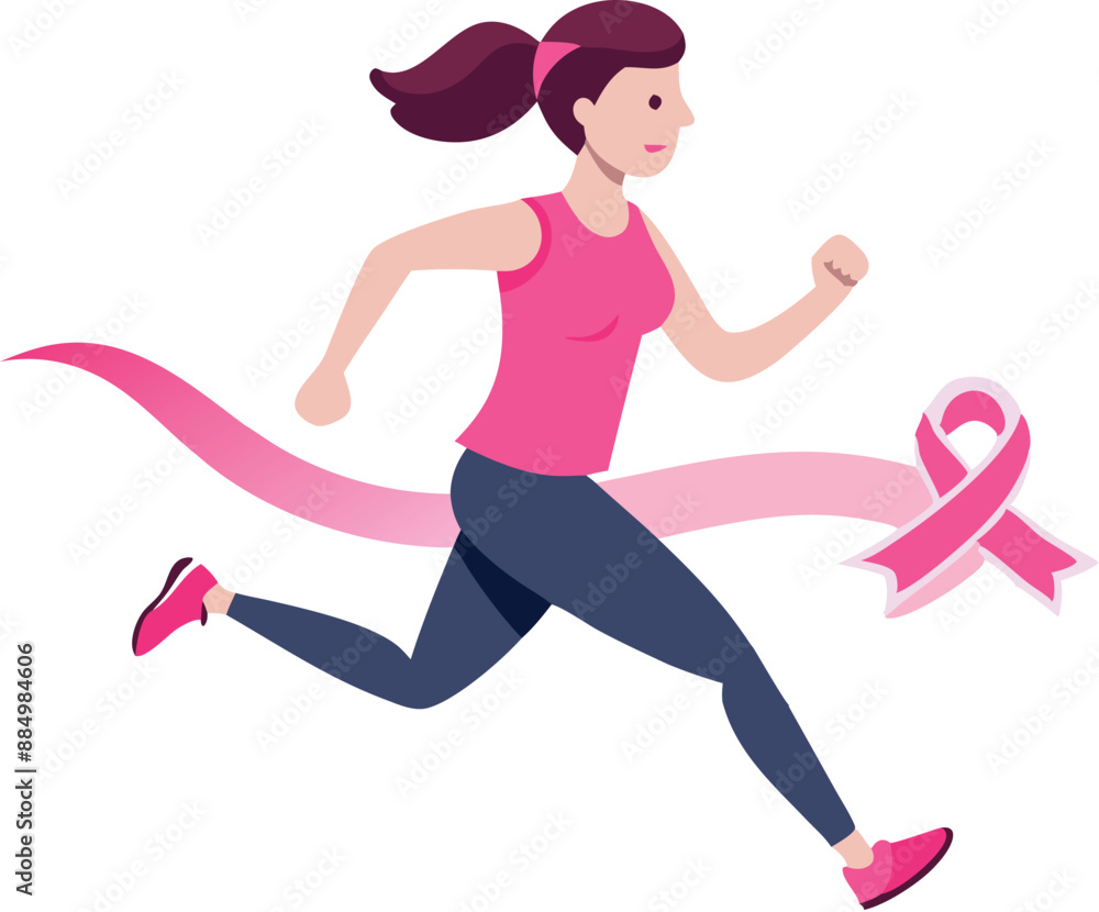 Woman running with a pink ribbon for breast cancer awareness Woman running with a pink ribbon for breast cancer awareness