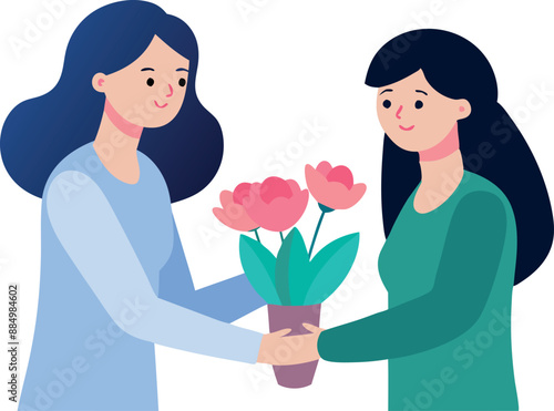 Women exchanging flowers in support of breast cancer awareness