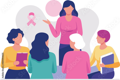 Group of children listening to a breast cancer awareness presentation with pink ribbons