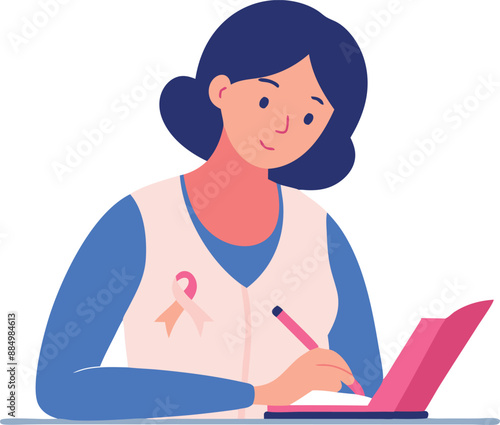 Woman writing in a journal with a pink ribbon symbolizing breast cancer awareness