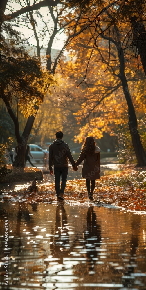 Lovers holding hands in a picturesque park, tender moment, and relationship Lovers holding hands in a picturesque park, tender moment, and relationship