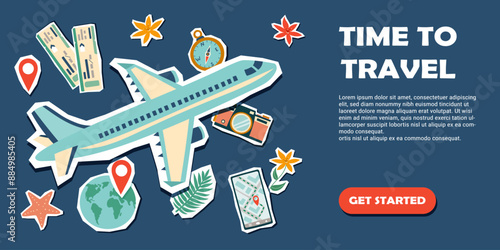 Summer vacation plane ticket. Summer and travel concept. Travel banner with stickers. Summer travel destinations.