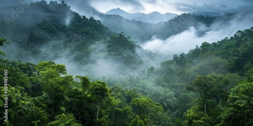 Lush green forest with mist rising, natural beauty, and environmental conservation