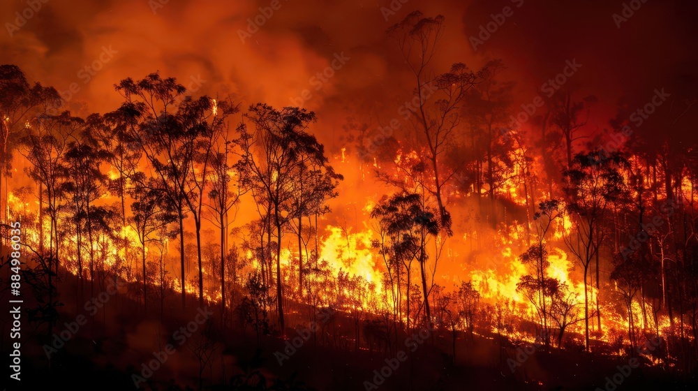 Aerial view of a raging wildfire burning through a forest at sunset. Aerial view of a raging wildfire burning through a forest at sunset.