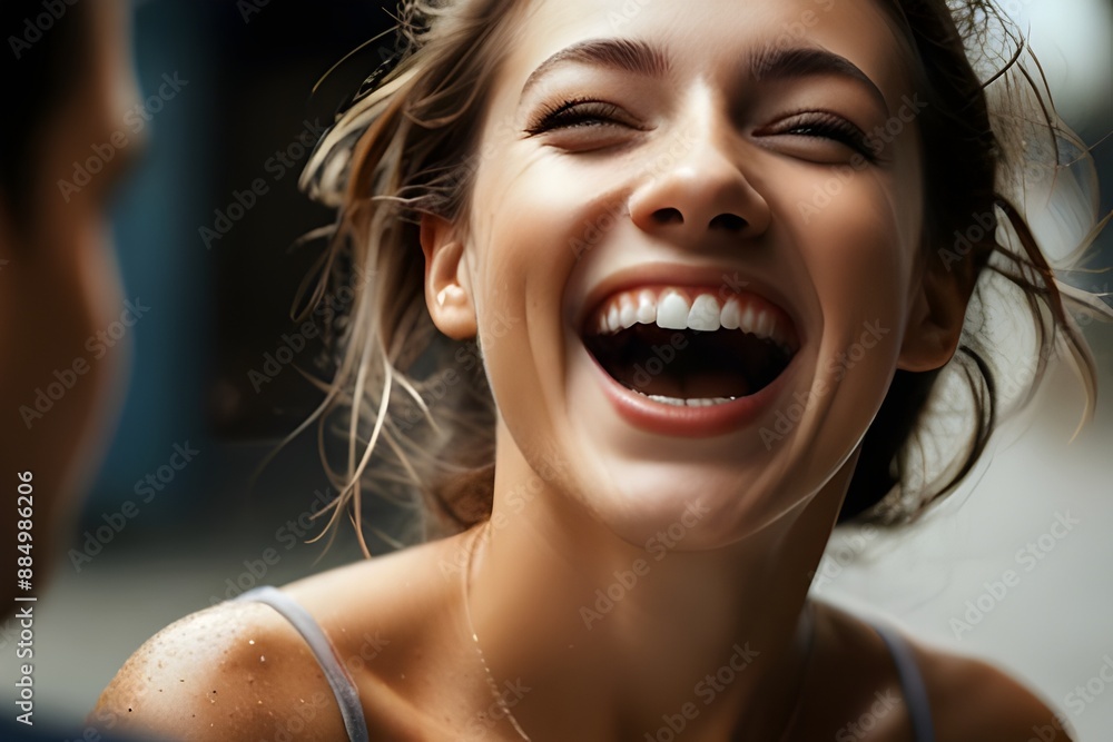 A closeup of a woman's face in laugh with eyes sparkling with delight, capturing a moment of pure joy and happiness. - Love and Happiness A closeup of a woman's face in laugh with eyes sparkling with delight, capturing a moment of pure joy and happiness. - Love and Happiness